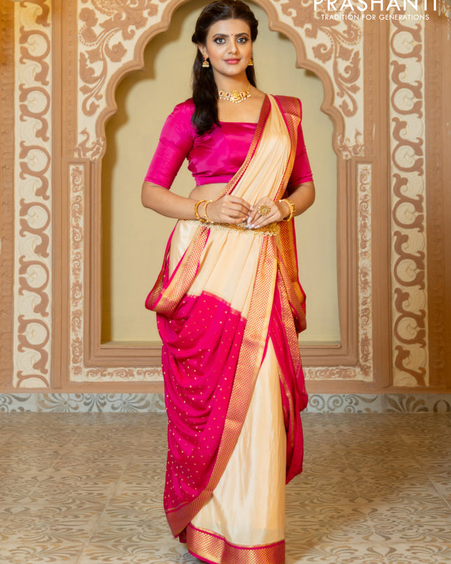 Pure mysore partly silk saree beige and pink with plain body and zari woven border