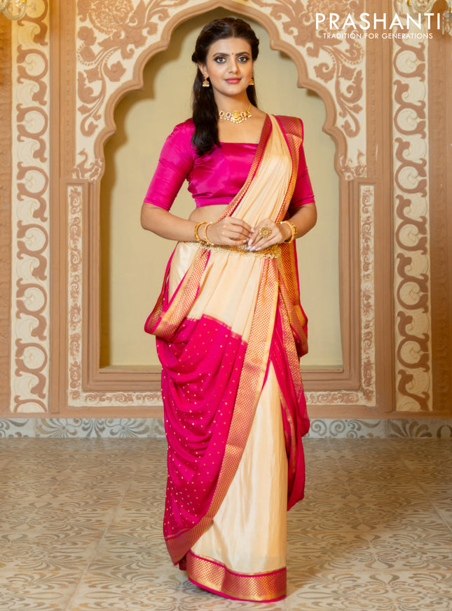 Pure mysore partly silk saree beige and pink with plain body and zari woven border