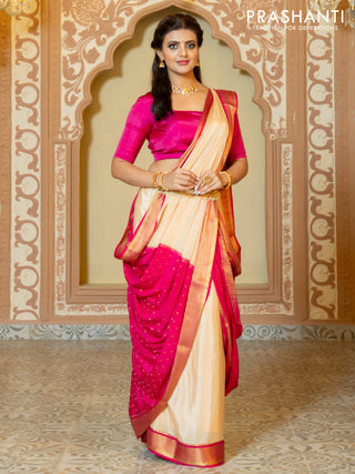 Pure mysore partly silk saree beige and pink with plain body and zari woven border