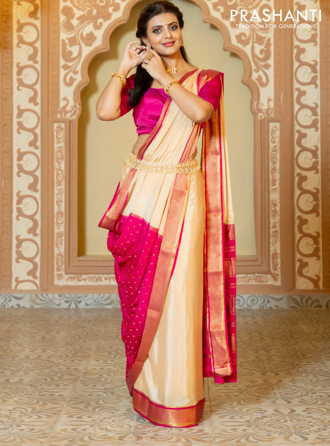 Pure mysore partly silk saree beige and pink with plain body and zari woven border