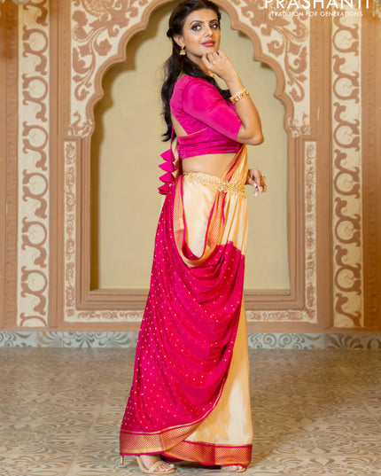 Pure mysore partly silk saree beige and pink with plain body and zari woven border