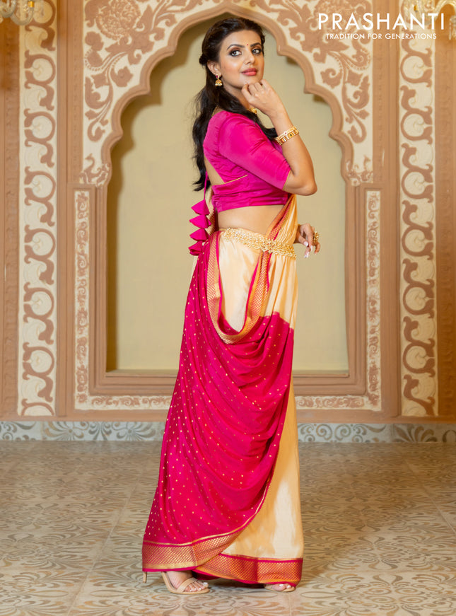Pure mysore partly silk saree beige and pink with plain body and zari woven border