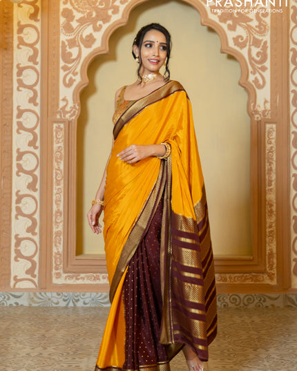 Pure mysore partly silk saree mustard yellow and brown with plain body and zari woven border