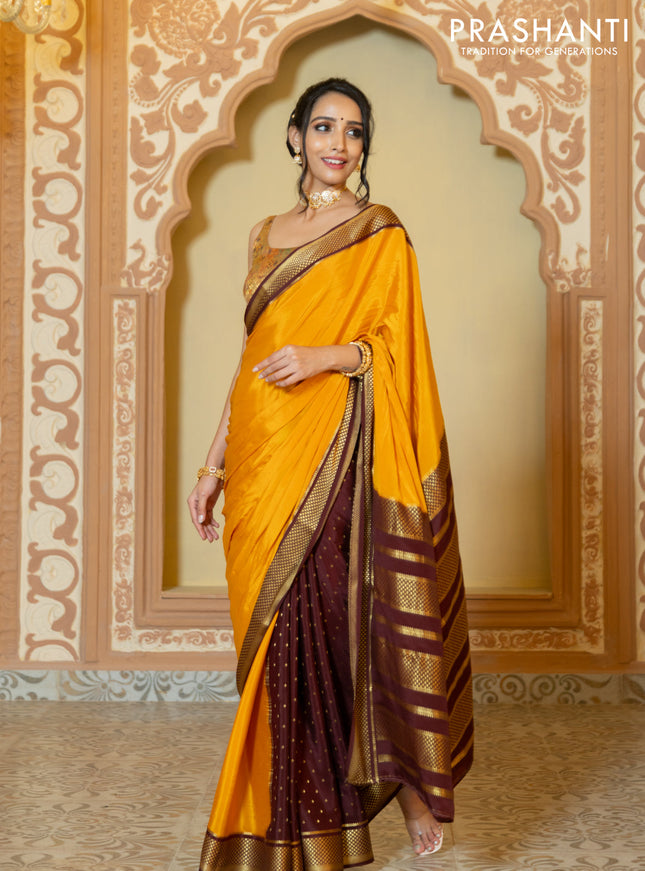 Pure mysore partly silk saree mustard yellow and brown with plain body and zari woven border