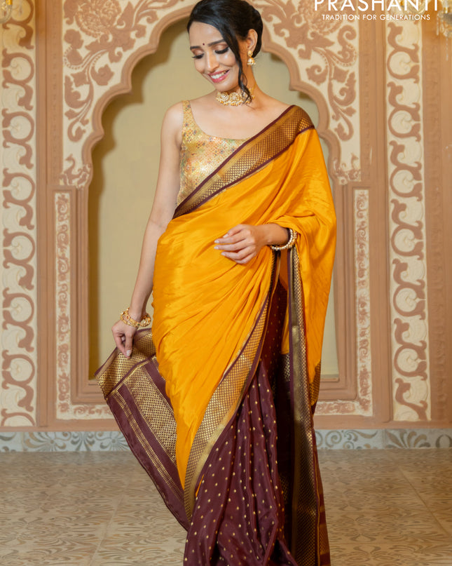 Pure mysore partly silk saree mustard yellow and brown with plain body and zari woven border