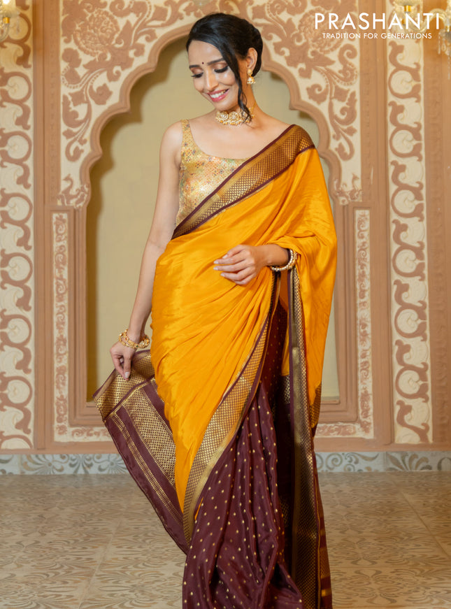 Pure mysore partly silk saree mustard yellow and brown with plain body and zari woven border