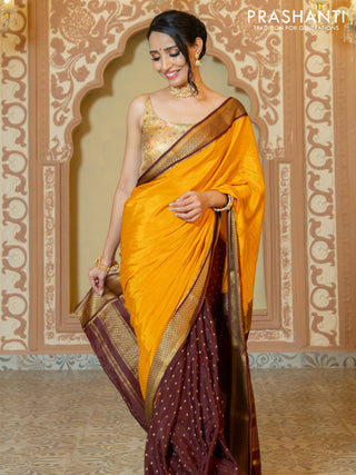 Pure mysore partly silk saree mustard yellow and brown with plain body and zari woven border
