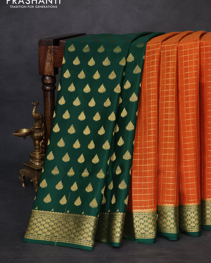 Pure mysore partly silk saree rustic orange and green with allover zari checked pattern and zari woven border
