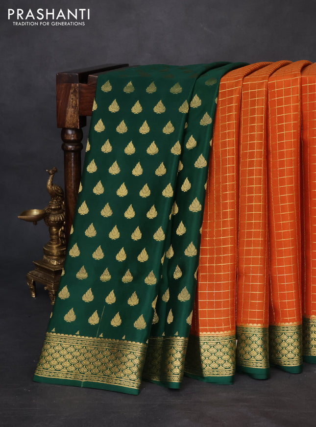Pure mysore partly silk saree rustic orange and green with allover zari checked pattern and zari woven border