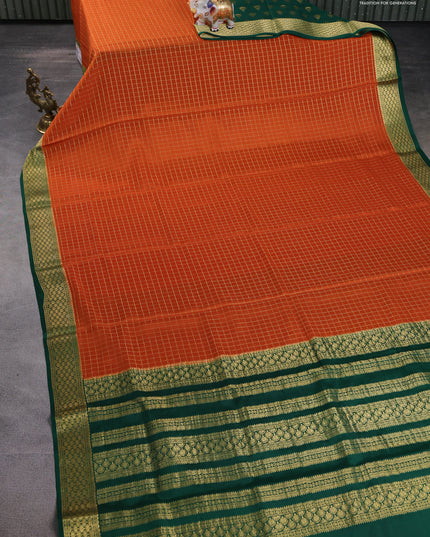 Pure mysore partly silk saree rustic orange and green with allover zari checked pattern and zari woven border