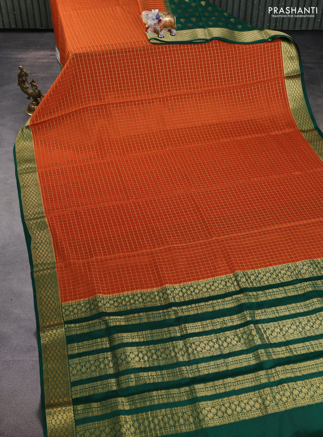 Pure mysore partly silk saree rustic orange and green with allover zari checked pattern and zari woven border