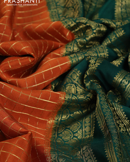 Pure mysore partly silk saree rustic orange and green with allover zari checked pattern and zari woven border