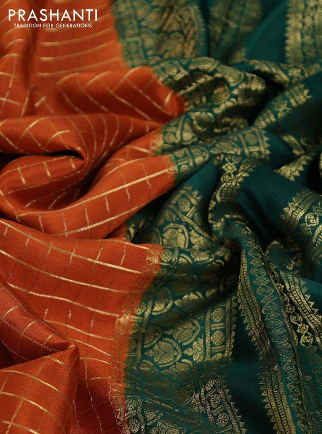 Pure mysore partly silk saree rustic orange and green with allover zari checked pattern and zari woven border