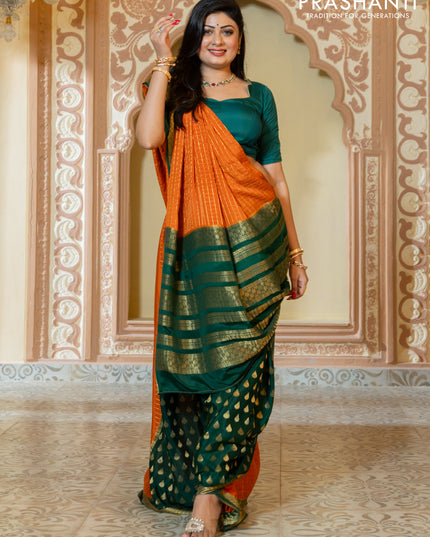 Pure mysore partly silk saree rustic orange and green with allover zari checked pattern and zari woven border