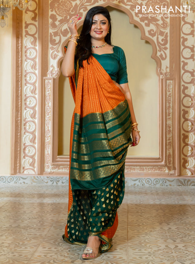 Pure mysore partly silk saree rustic orange and green with allover zari checked pattern and zari woven border