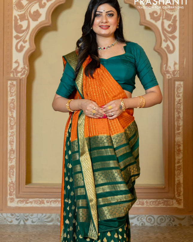 Pure mysore partly silk saree rustic orange and green with allover zari checked pattern and zari woven border