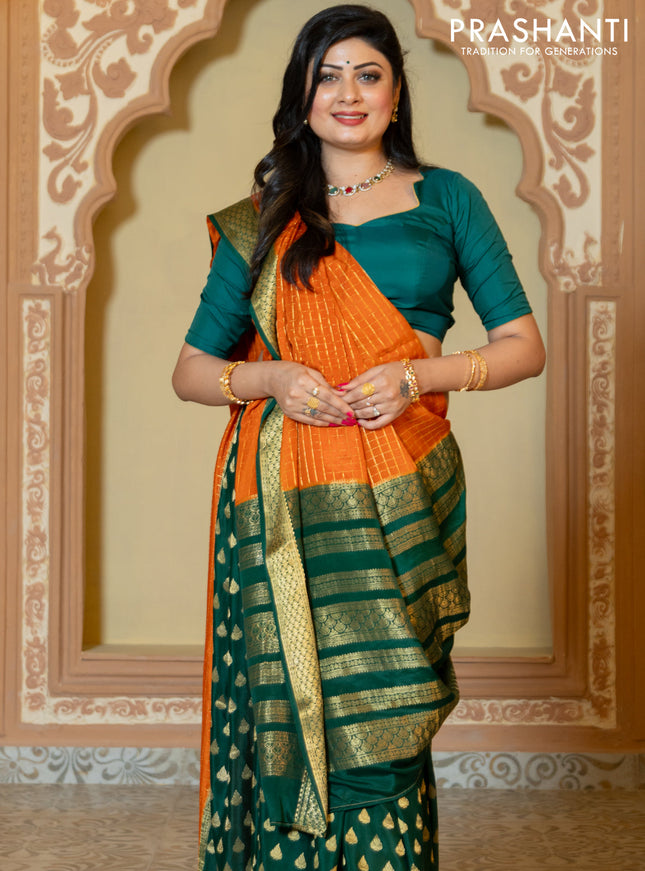Pure mysore partly silk saree rustic orange and green with allover zari checked pattern and zari woven border