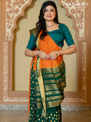 Pure mysore partly silk saree rustic orange and green with allover zari checked pattern and zari woven border