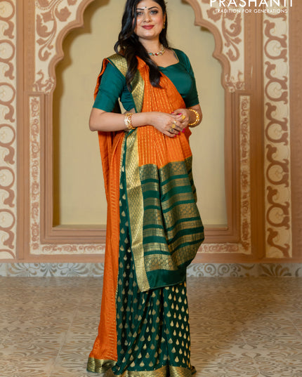 Pure mysore partly silk saree rustic orange and green with allover zari checked pattern and zari woven border