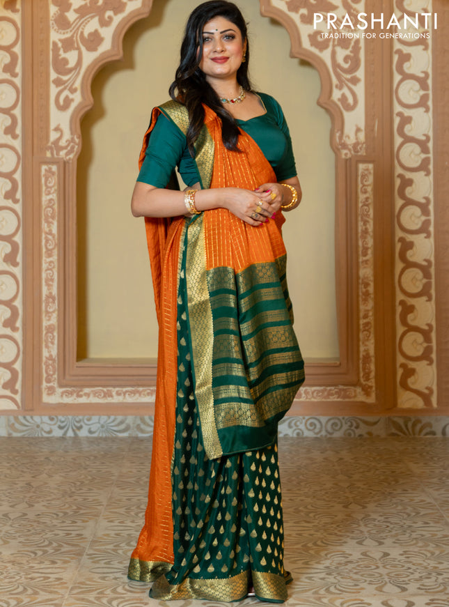 Pure mysore partly silk saree rustic orange and green with allover zari checked pattern and zari woven border