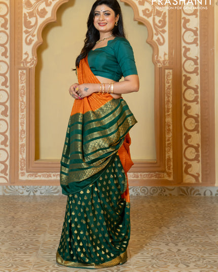 Pure mysore partly silk saree rustic orange and green with allover zari checked pattern and zari woven border