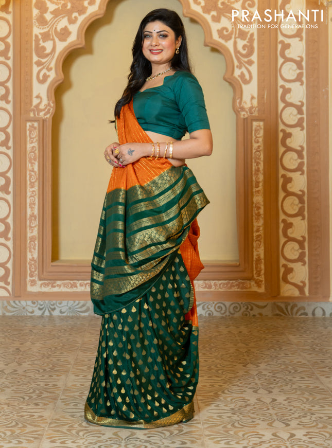 Pure mysore partly silk saree rustic orange and green with allover zari checked pattern and zari woven border