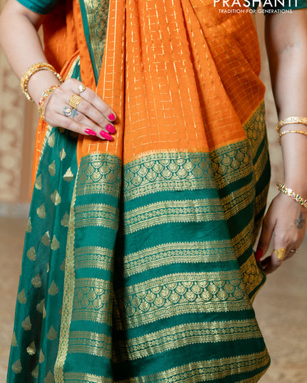 Pure mysore partly silk saree rustic orange and green with allover zari checked pattern and zari woven border