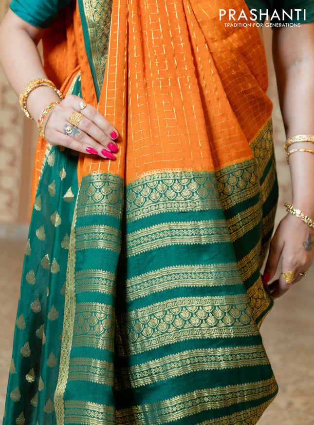 Pure mysore partly silk saree rustic orange and green with allover zari checked pattern and zari woven border