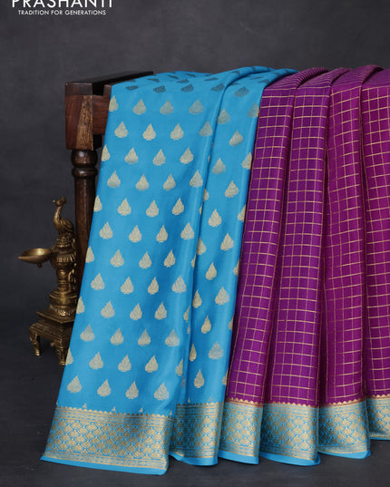 Pure mysore partly silk saree purple and cs blue with allover zari checked pattern and zari woven border