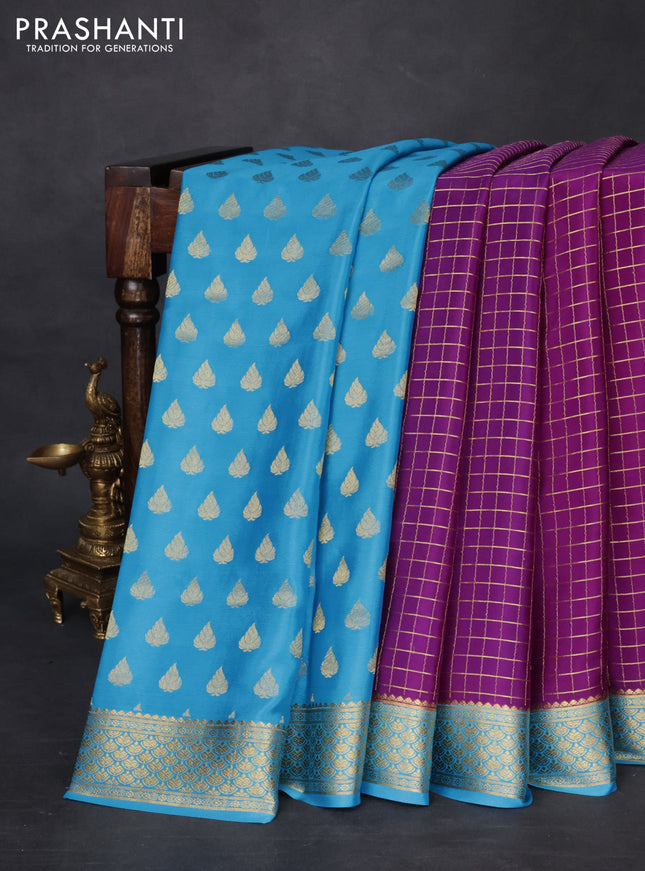 Pure mysore partly silk saree purple and cs blue with allover zari checked pattern and zari woven border