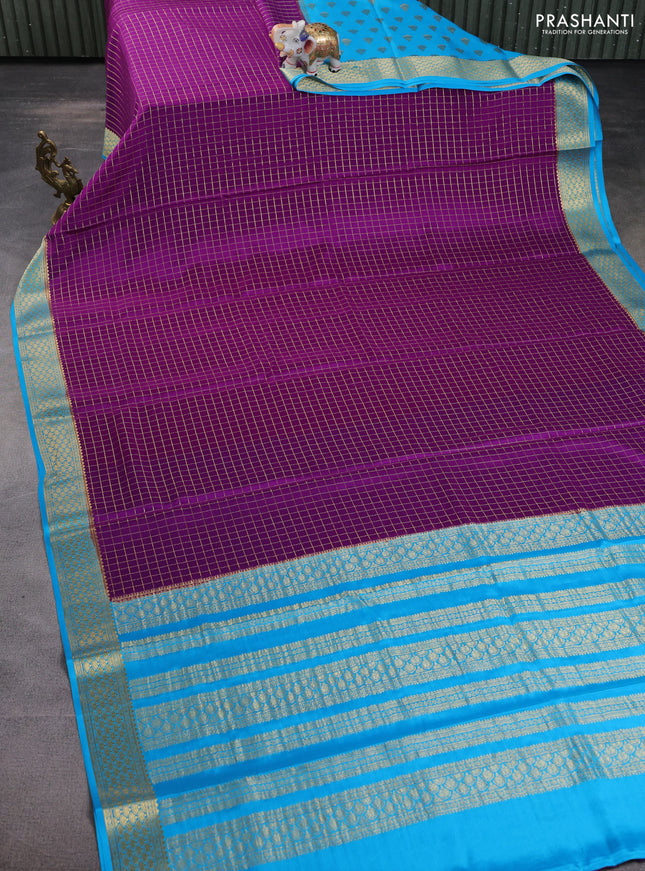 Pure mysore partly silk saree purple and cs blue with allover zari checked pattern and zari woven border