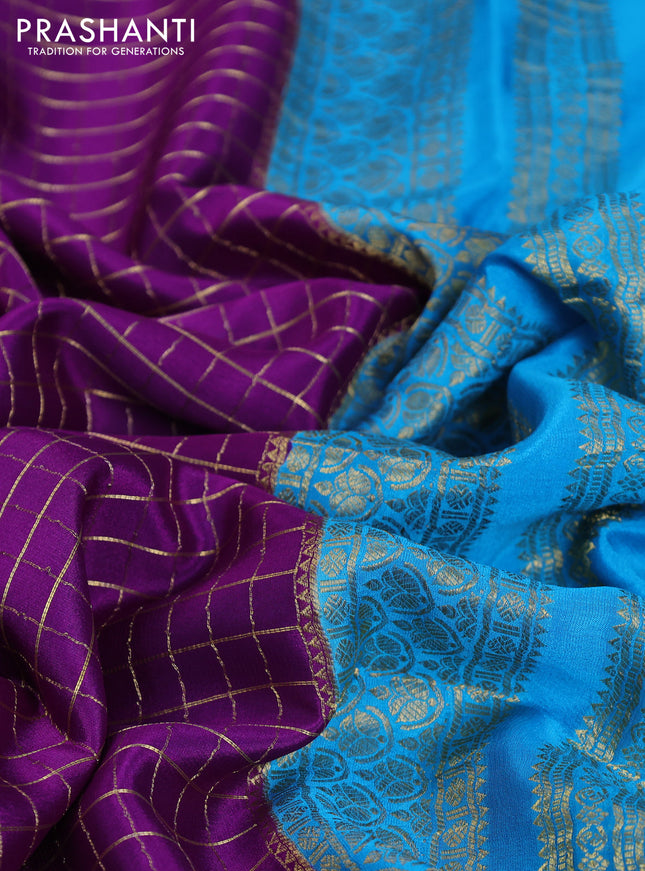 Pure mysore partly silk saree purple and cs blue with allover zari checked pattern and zari woven border