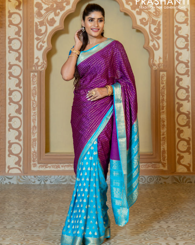 Pure mysore partly silk saree purple and cs blue with allover zari checked pattern and zari woven border