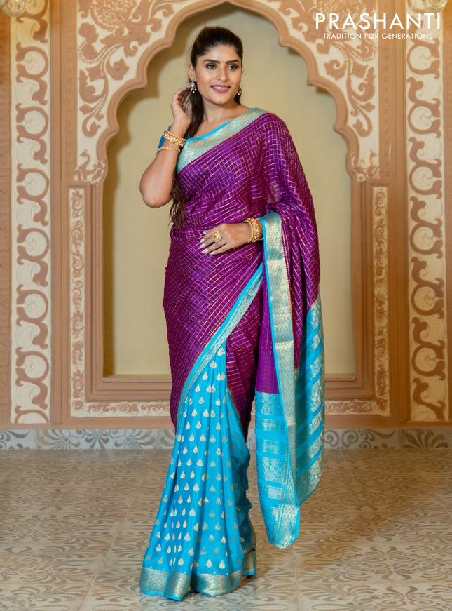 Pure mysore partly silk saree purple and cs blue with allover zari checked pattern and zari woven border