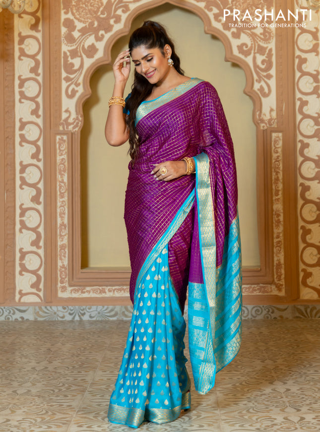 Pure mysore partly silk saree purple and cs blue with allover zari checked pattern and zari woven border
