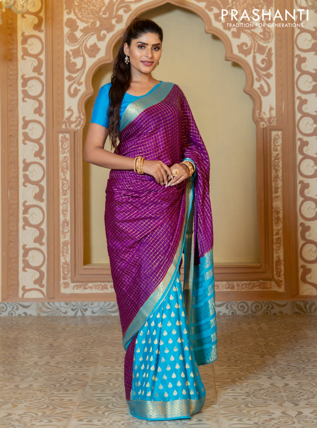 Pure mysore partly silk saree purple and cs blue with allover zari checked pattern and zari woven border