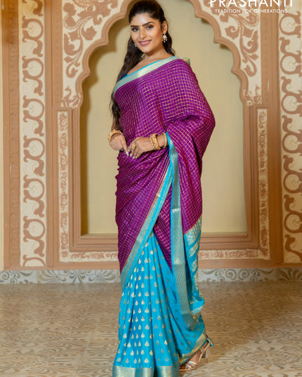 Pure mysore partly silk saree purple and cs blue with allover zari checked pattern and zari woven border