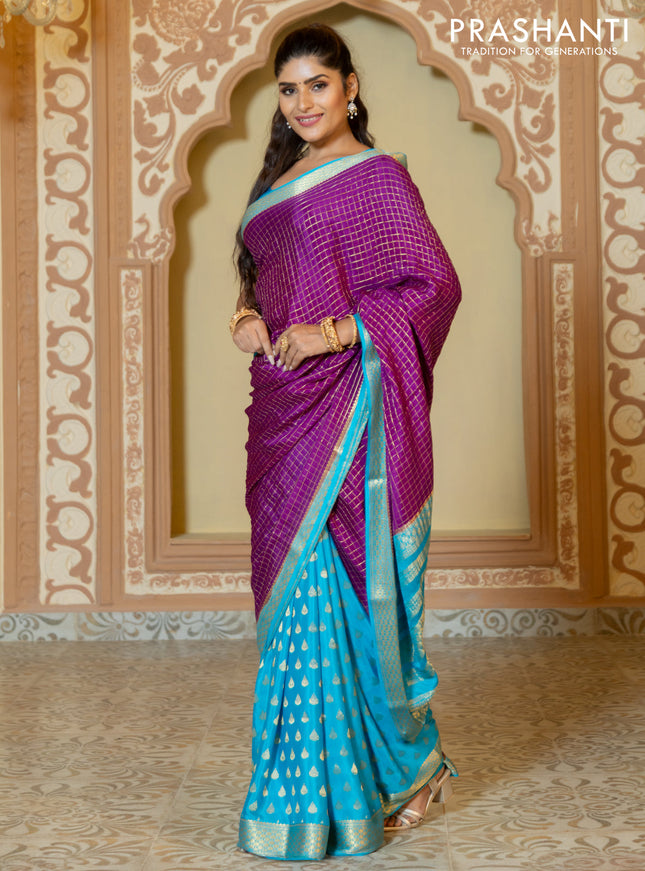 Pure mysore partly silk saree purple and cs blue with allover zari checked pattern and zari woven border