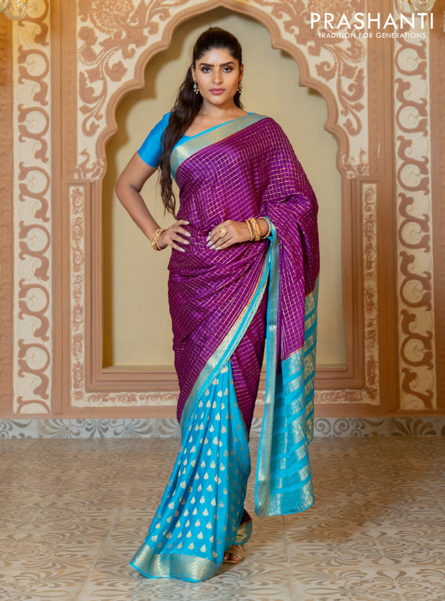 Pure mysore partly silk saree purple and cs blue with allover zari checked pattern and zari woven border