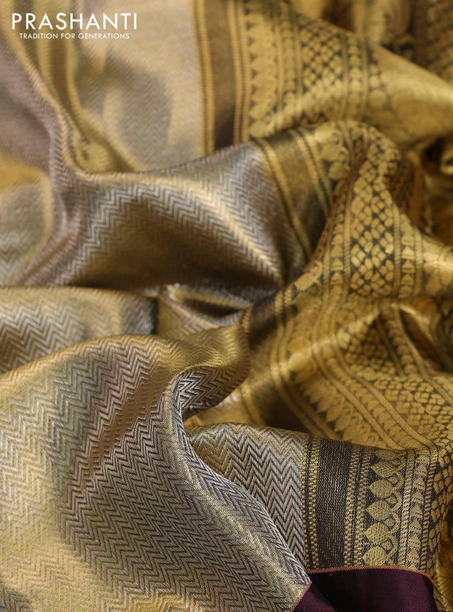 Pure kanchipuram tissue silk saree gold and deep maroon with allover zari woven brocade weaves and muniya butta zari woven border