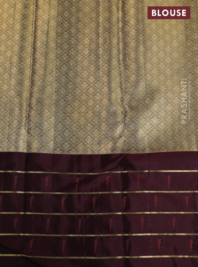 Pure kanchipuram tissue silk saree gold and deep maroon with allover zari woven brocade weaves and muniya butta zari woven border