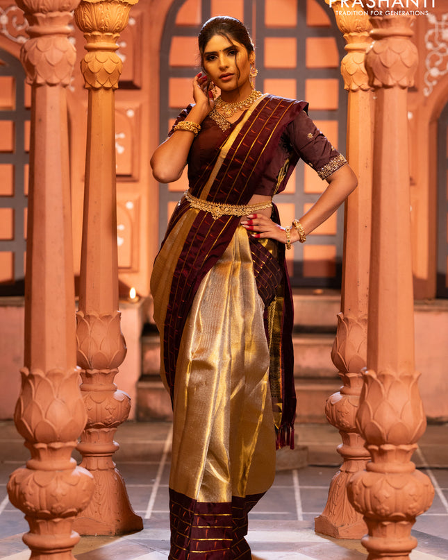 Pure kanchipuram tissue silk saree gold and deep maroon with allover zari woven brocade weaves and muniya butta zari woven border