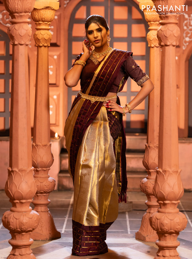 Pure kanchipuram tissue silk saree gold and deep maroon with allover zari woven brocade weaves and muniya butta zari woven border