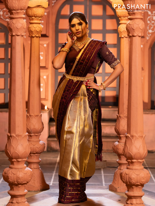 Pure kanchipuram tissue silk saree gold and deep maroon with allover zari woven brocade weaves and muniya butta zari woven border