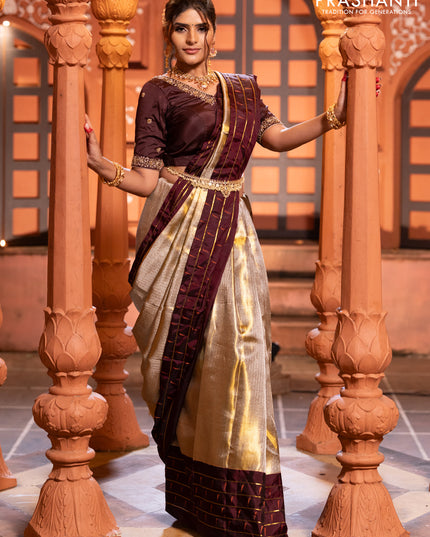 Pure kanchipuram tissue silk saree gold and deep maroon with allover zari woven brocade weaves and muniya butta zari woven border