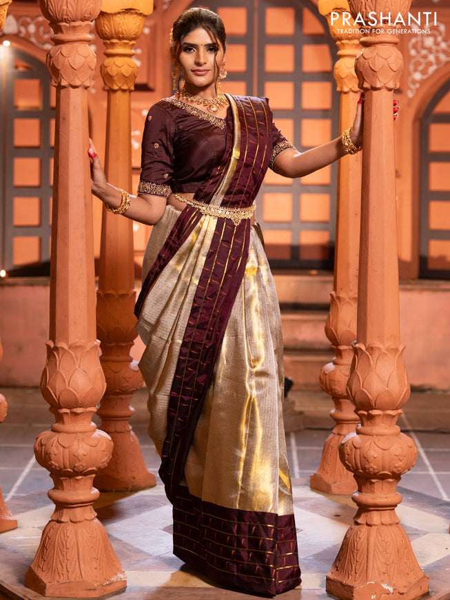 Pure kanchipuram tissue silk saree gold and deep maroon with allover zari woven brocade weaves and muniya butta zari woven border