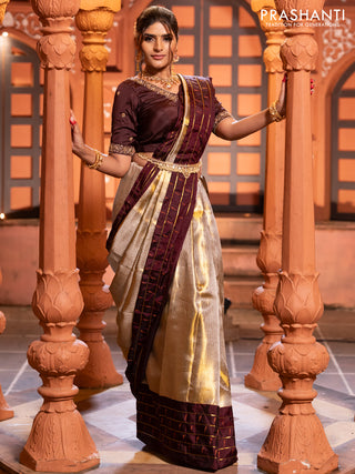 Pure kanchipuram tissue silk saree gold and deep maroon with allover zari woven brocade weaves and muniya butta zari woven border