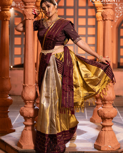 Pure kanchipuram tissue silk saree gold and deep maroon with allover zari woven brocade weaves and muniya butta zari woven border