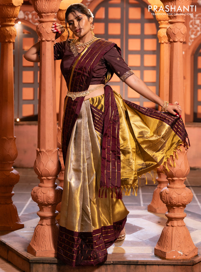 Pure kanchipuram tissue silk saree gold and deep maroon with allover zari woven brocade weaves and muniya butta zari woven border