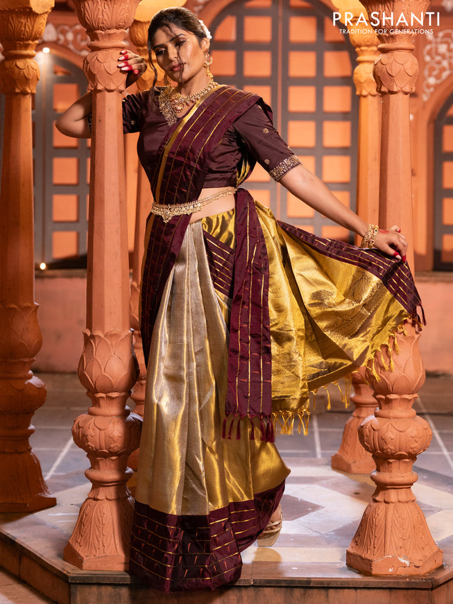 Pure kanchipuram tissue silk saree gold and deep maroon with allover zari woven brocade weaves and muniya butta zari woven border